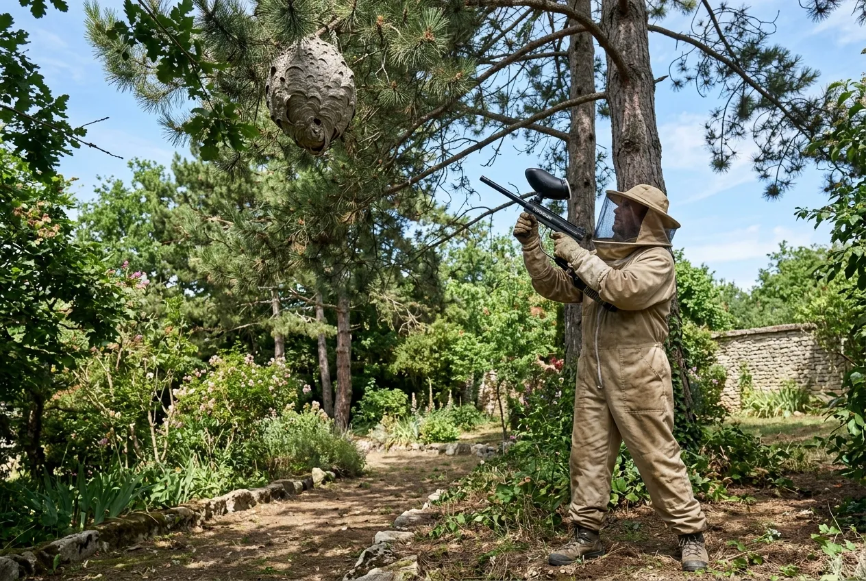 Technicien en combinaison anti-frelons tirant au lanceur paintball sur un nid de frelons asiatiques en hauteur dans un pin