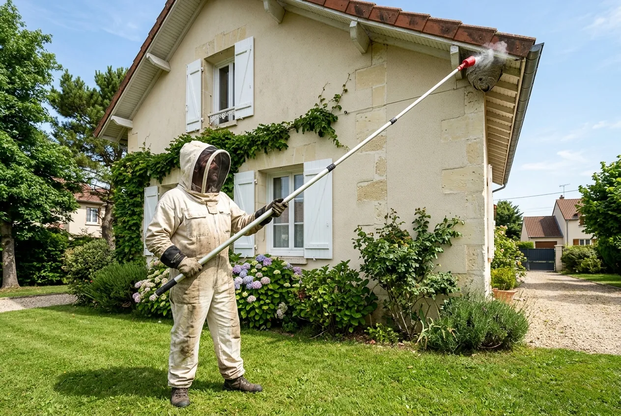 Technicien en combinaison anti-guêpes traitant un nid sous une toiture à la perche télescopique